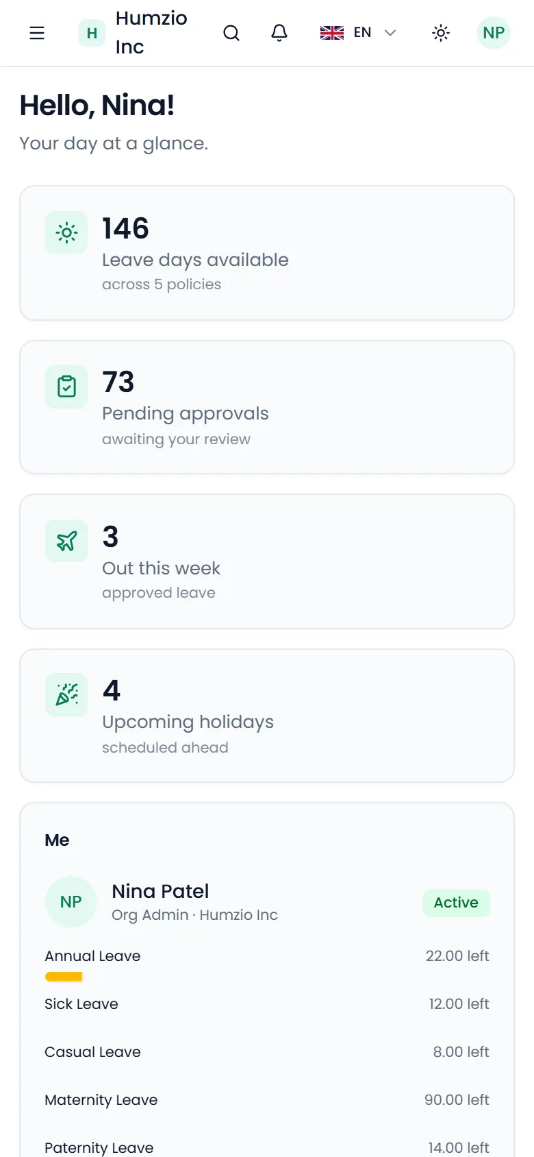 Humzio dashboard with leave balances, pending approvals, and who is out this week