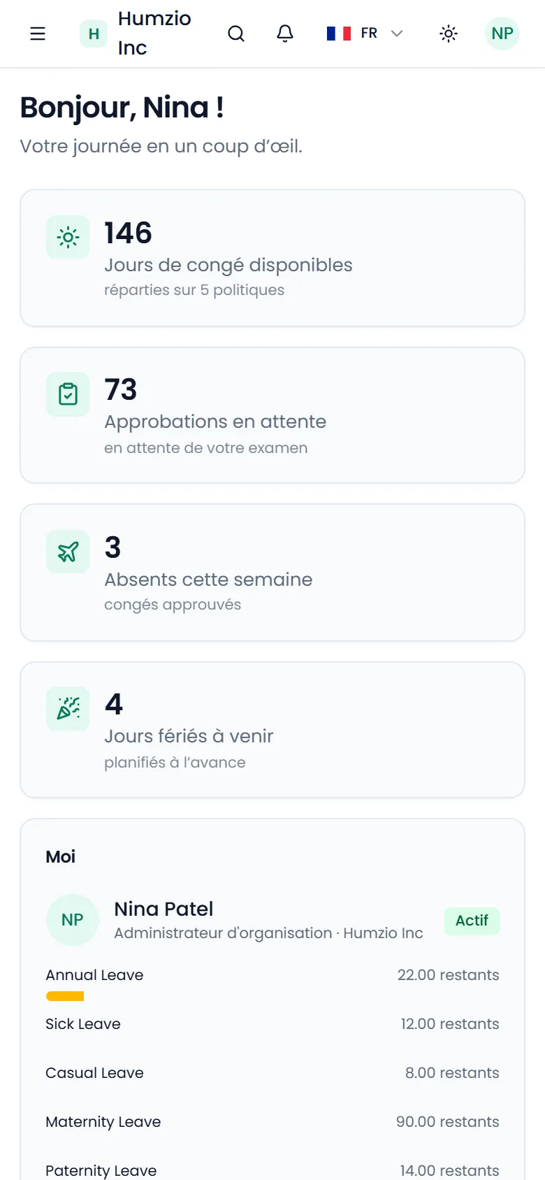 Tableau de bord Humzio avec les soldes de congés, les validations en attente et les absents de la semaine